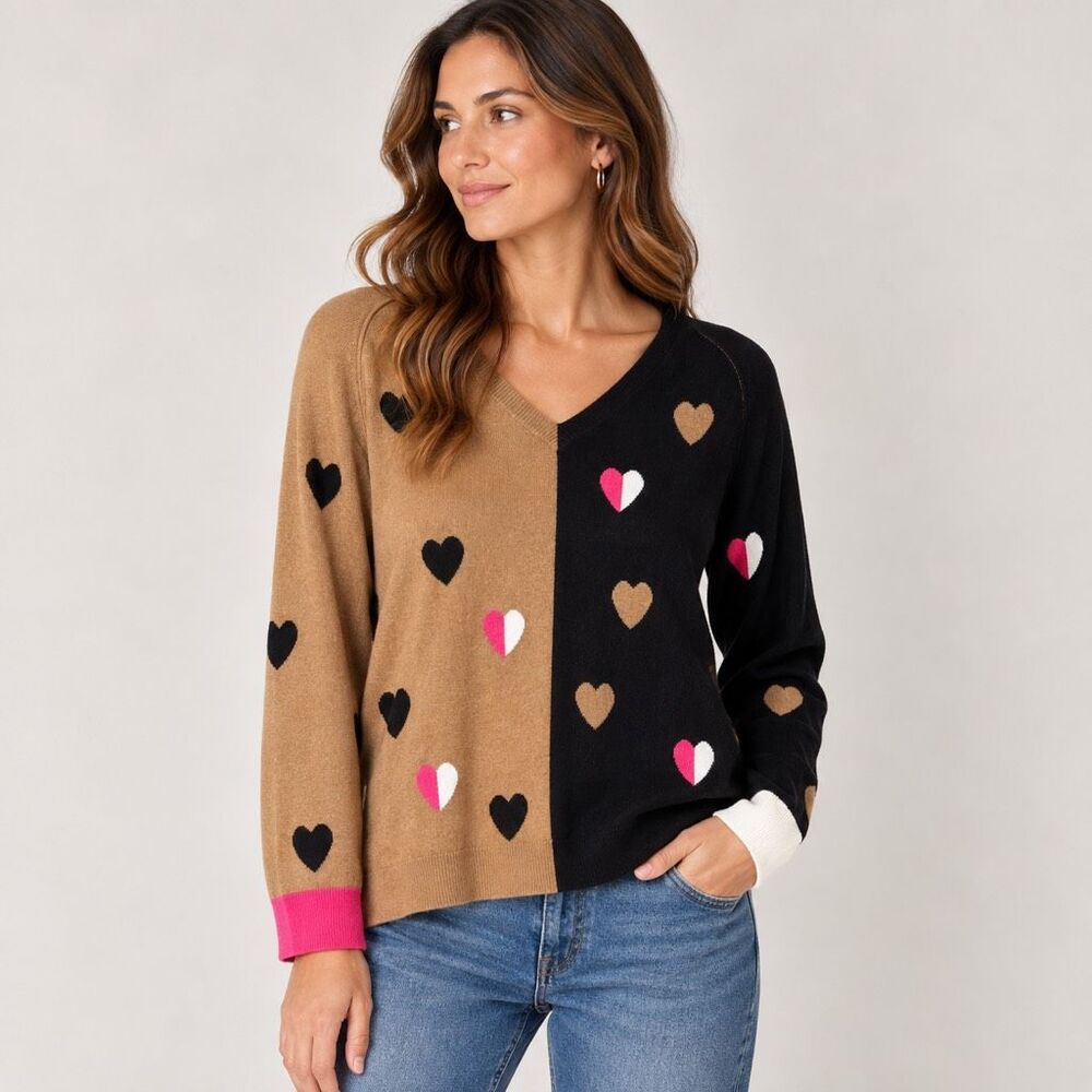 Zaket & Plover All My Love Cashmere Cotton Sweater Size XL Tan Black Hearts